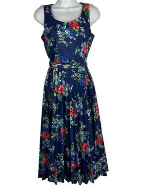 Vintage 70s Blue Floral Midi Dress Size S Fit Flare Sleeveless Belted Pleated